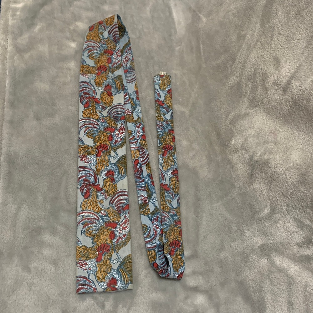Vintage Rooster Hand Printed Sun Fabrics Square Bottom Tie Blue Red Novelty Flaw
